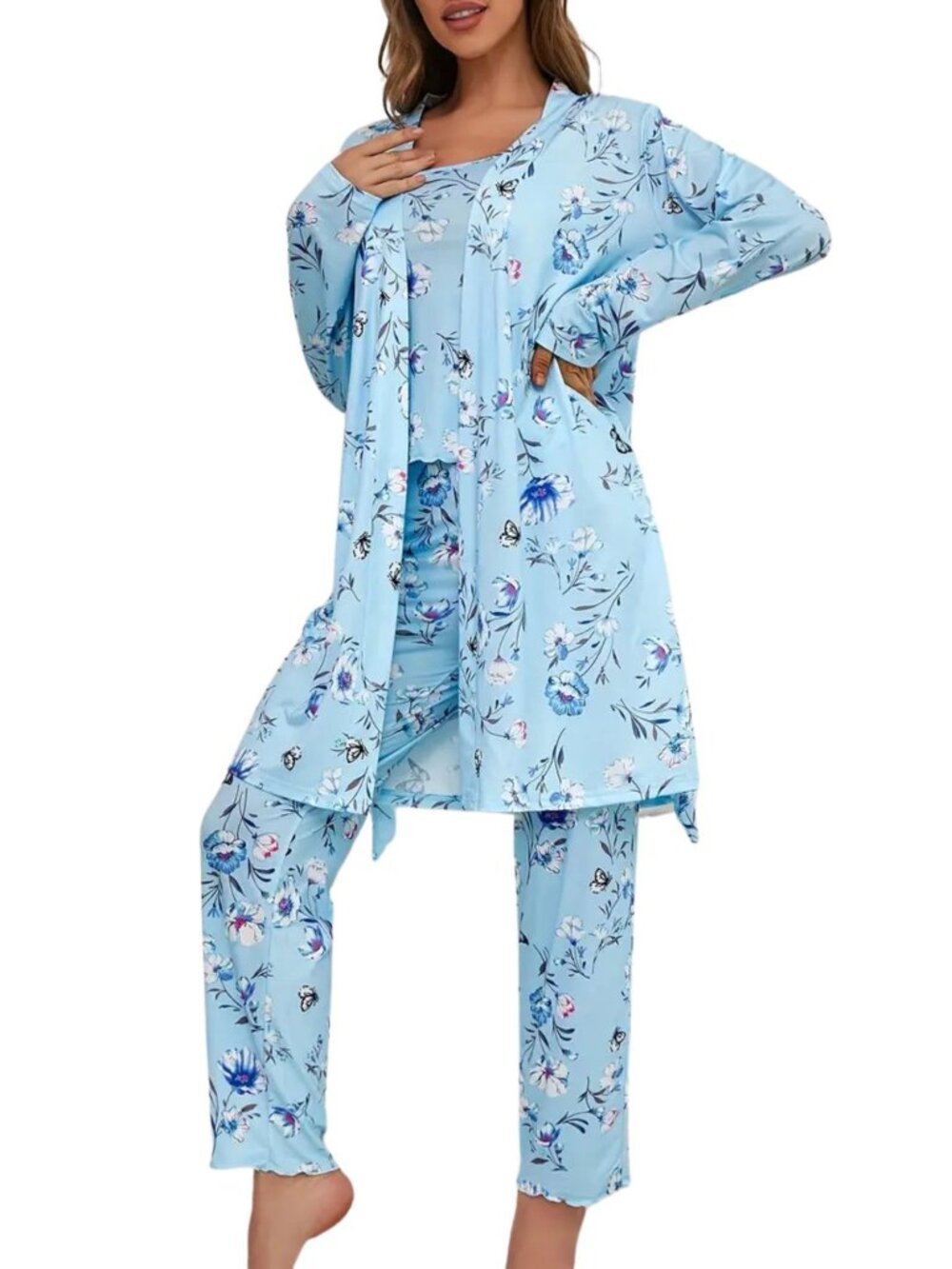 Women's 3-Piece Pajama Set Floral Print Robe Camisole and Long Pants Blue
